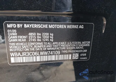 2020 BMW 530I z USA, uszkodzony, nr VIN WBAJR3C06LWW74109